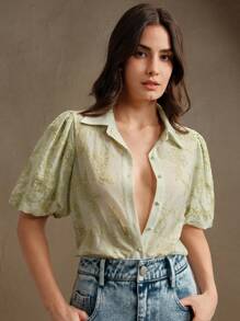 Anewsta 女士拼接花卉刺绣优雅浪漫透明泡泡袖衬衫，春季女装，夏季服装