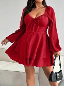 Vionelle Váy đỏ buộc hai lớp thanh lịch màu trơn cỡ lớn viền đỏ - Đỏ - Xem 6