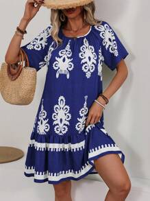 EMERY ROSE Women's Floral Print Ruffled Hem Short Sleeve Vacation Dress - Blue and White - View 4