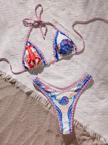 Swim Vcay Ladies Spaghetti Strap Floral Printed Bikini Top And Bottoms Swimwear Set, For Summer Beach Vacation