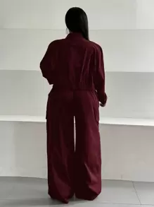 Maweii Plus Size Women's Solid Color Long Sleeve Zip-Up Front Bomber Jacket And Pants Two Pieces Set Fall Cloth For Women - Burgundy - View 3