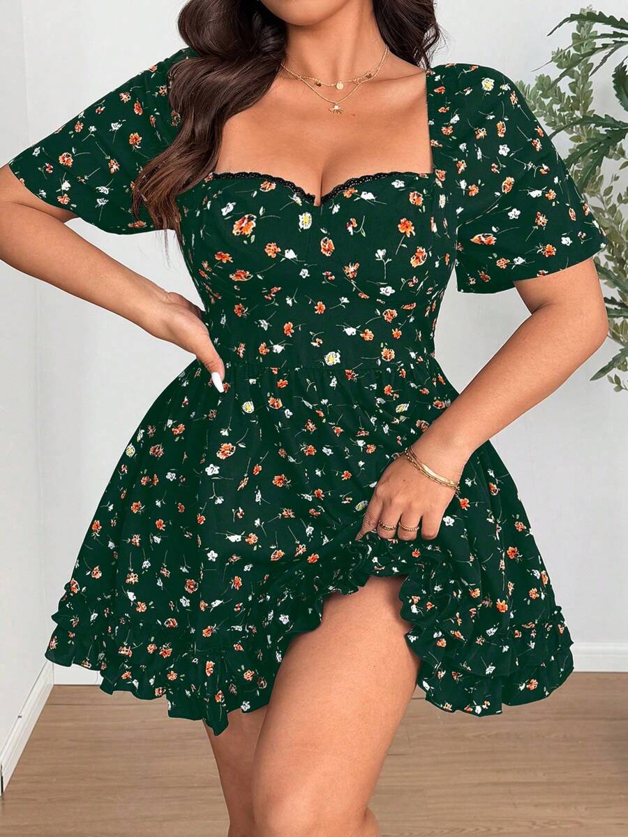 Celure 大码女式碎花心形领短袖休闲连衣裙