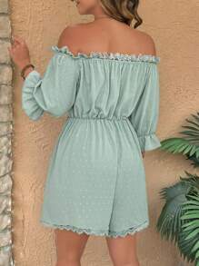 Breezaya Mono de talla grande con hombros descubiertos, mangas con volantes, panel de encaje floral, ceñido a la cintura, estilo romántico para vacaciones