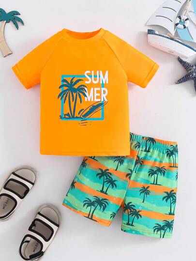 SHEIN 2pcs Young Boy Casual College Style Soft & Practical Versatile Tropical Palm Tree Allover Print Short Sleeve T-Shirt And Matching Shorts Set, Comfortable & Suitable For Spring/Summer Vacation