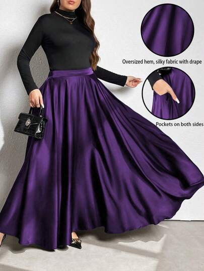 Vionelle Plus Size Elegant Solid Color Flared Skirt, Autumn Maxi Skirt