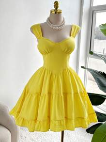 Celure Plus Size Women Solid Color Ruffle Hem Sleeveless Midi Dress - Yellow - View 1