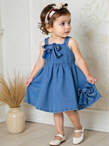 Souflis Souflis Baby Girls Casual Fashion Denim Bow Decor Sweet Strap Dress, Suitable For Summer Outdoor Party