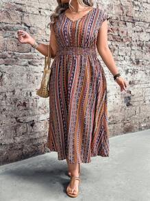 Breezaya Plus Size damska sukienka w paski w stylu boho z marszczeniami w talii i bez rękawów, odpowiednia na wakacje