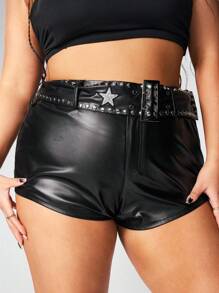 ROMWE Grunge Punk Plus Size Y2K Sexy Star Rivet Low Waist Skinny PU Leather Ultra-Short Shorts - Black - View 5