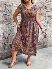 Breezaya Plus Size damska sukienka w paski w stylu boho z marszczeniami w talii i bez rękawów, odpowiednia na wakacje