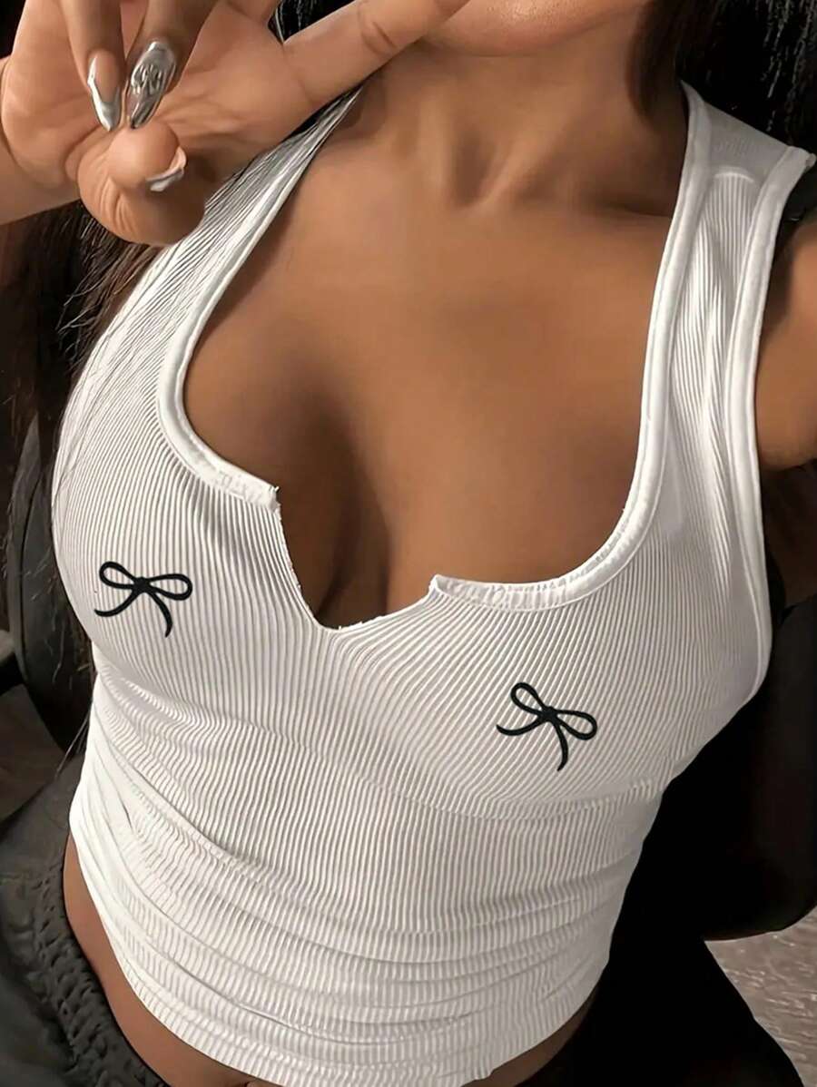 INAWLY Plus Size Women's Bow V-Neck Ribbed Casual Tank Top - Multicolor - View 1