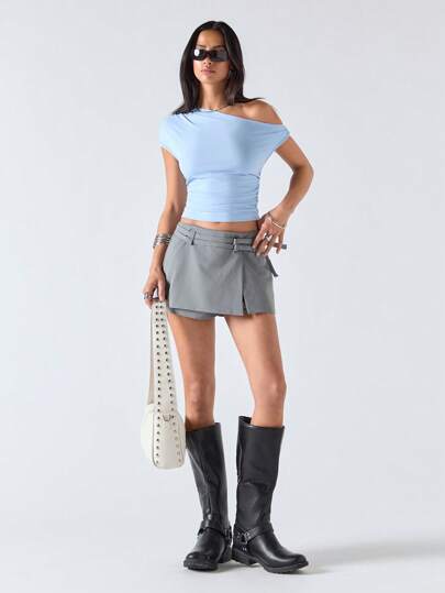 LYSMO 双腰带高腰修身短裙短裤，带扣细节 - 简约百搭的工作装