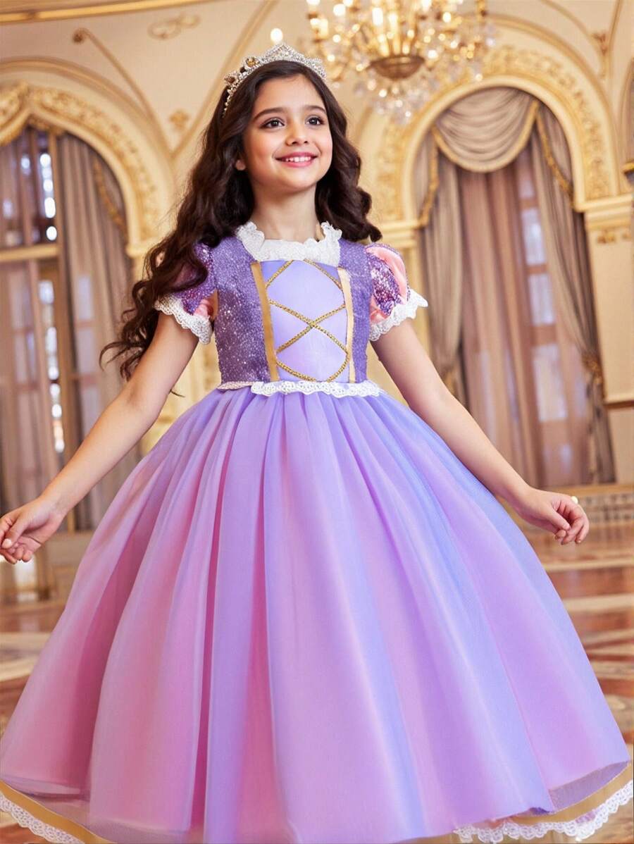 Vestido de tutú de tul de princesa para niñas, disfraz de manga corta para actuaciones - Morado - Ver 1