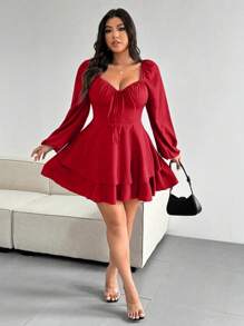 Vionelle Váy đỏ buộc hai lớp thanh lịch màu trơn cỡ lớn viền đỏ - Đỏ - Xem 4