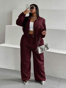 Maweii Plus Size Women's Solid Color Long Sleeve Zip-Up Front Bomber Jacket And Pants Two Pieces Set Fall Cloth For Women - Burgundy - View 6