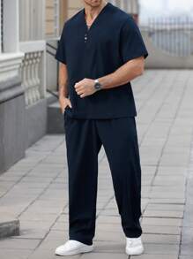 Manfinity Homme Plus Size Men's Solid Color Button-Down Short Sleeve Shirt And Pants Casual 2 Pieces Set - Black - View 5