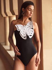 MOTF PREMIUM 3D BUTTERFLY DESIGN CUT OUT ONE-PIECE SWIMSUIT FOR SUMMER BEACH VACATION - Black and White - View 6