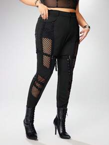 ROMWE Grunge Punk Plus Size Women Skinny Pants With Hollow Out, See-Through Net Fabric, Strappy Design, Suitable For Summer Beach, Graduation, Easter, Concert, Nashville Vacation And Elegant Tropical Music Festivals Like Rock, Punk, Heavy Metal