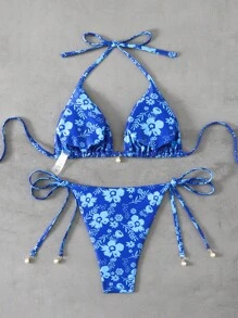 Swim Mod Women Summer Beach Outfit, Random Print Spaghetti Strap Pearl Decor Bikini Set For Vacation