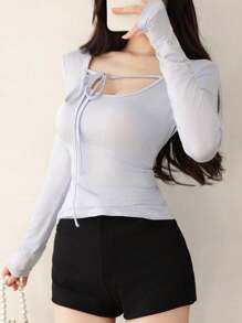 Modelyn Women's Oversized Round Neck Long Sleeve Tie-Wrap Design Casual Pullover Top Fall Cloth For Women - Blue - View 4