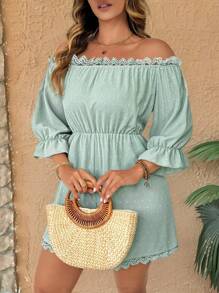 Breezaya Mono de talla grande con hombros descubiertos, mangas con volantes, panel de encaje floral, ceñido a la cintura, estilo romántico para vacaciones