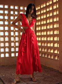 MOTF PREMIUM FLOWY RUFFLE TRIM SKIRT - Red - View 5