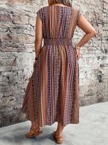 Breezaya Plus Size damska sukienka w paski w stylu boho z marszczeniami w talii i bez rękawów, odpowiednia na wakacje