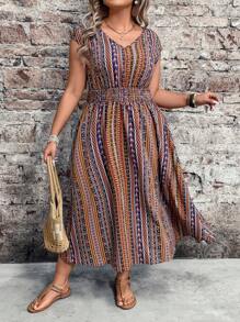 Breezaya Plus Size damska sukienka w paski w stylu boho z marszczeniami w talii i bez rękawów, odpowiednia na wakacje