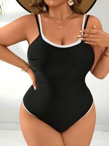 SHEIN Swim Curve Plus Size Women Black & White Patchwork Adjustable Straps One-Piece Swimsuit, Casual Beach Holiday, For Summer Vacation - Black - View 4