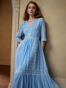 MOTF PREMIUM Abito fluido con pizzo a contrasto