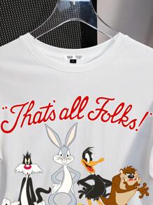 LOONEY TUNES X SHEIN 休闲宽松圆领短袖女式T恤，适合夏季