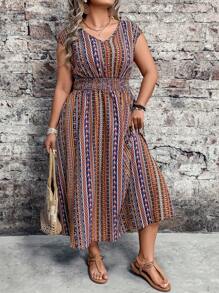 Breezaya Plus Size damska sukienka w paski w stylu boho z marszczeniami w talii i bez rękawów, odpowiednia na wakacje