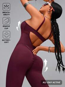 Innovista 女士运动服交叉镂空运动连体裤，透气网眼镂空高弹力速干健身连体裤，塑身衣，Lux 红色健身服，健身连体裤和训练服，前卫独特时尚运动服，瑜伽、垫上运动、普拉提、跑步、有氧运动、力量、举重、骑自行车、户外、徒步旅行、露营、越野跑、排球、外出、舞蹈、运动休闲、音乐节、派对、紧身裤套装、秋季装备、泳衣 - 酒紅色 - 查看 2