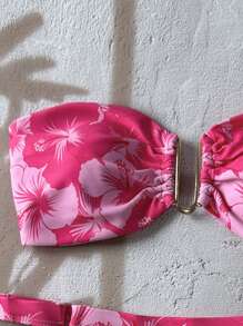 Swim Mod Beach Summer Outfits For Women: Random Print Bandeau Top & Sexy Bikini Set With Metal Decor - Multicolor - View 3