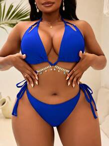 SHEIN Slayr CURVE Top de traje de baño de vacaciones casual sexy para mujer de talla grande, de unicolor, con triángulo, nudo, capa de cristal y cadena de moda