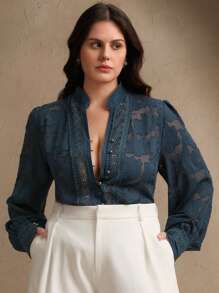 Anewsta Plus Size Women Elegant Floral Jacquard Stand Collar Ruffle Trim Long Sleeve Blouse Top, Vacation & New Year - Navy Blue - View 3