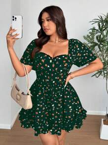 Celure 大码女式碎花心形领短袖休闲连衣裙