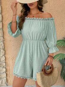 Breezaya Mono de talla grande con hombros descubiertos, mangas con volantes, panel de encaje floral, ceñido a la cintura, estilo romántico para vacaciones