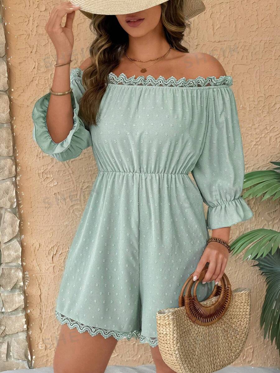 Breezaya Mono de talla grande con hombros descubiertos, mangas con volantes, panel de encaje floral, ceñido a la cintura, estilo romántico para vacaciones