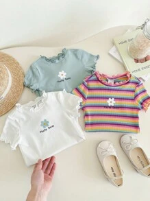 SHEIN 3pcs/Set Newborn Baby Girl Summer Cute Knitted Colorful Striped & Floral Print Short Sleeve Romper Set - Green - View 3