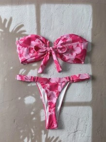 Swim Mod Beach Summer Outfits For Women: Random Print Bandeau Top & Sexy Bikini Set With Metal Decor - Multicolor - View 2