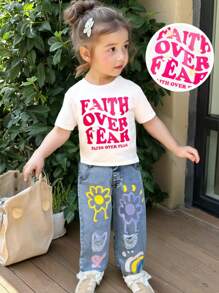 SHEIN 2pcs/Set Young Girl Casual Minimalist Comfortable Round Neck Short Sleeve T-Shirt And Denim Long Pants Outfit - Blue - View 4