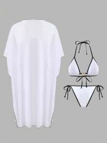 Swim Lushoire Elegant Black & White Contrast Spaghetti Strap Crop Top With Metal Butterfly Decor, And Side-Tied Metal Butterfly Accent Shorts, With Black & White Color Block Dress Outerwear, 3-Piece Set For Summer Beach Vacation - Black and White - View 6