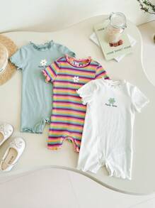 SHEIN 3pcs/Set Newborn Baby Girl Summer Cute Knitted Colorful Striped & Floral Print Short Sleeve Romper Set - Green - View 1
