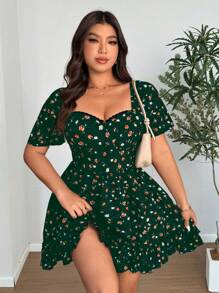 Celure 大码女式碎花心形领短袖休闲连衣裙