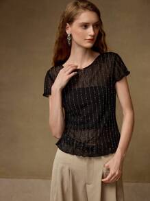 MOTF PREMIUM Top trasparente in pizzo con strass