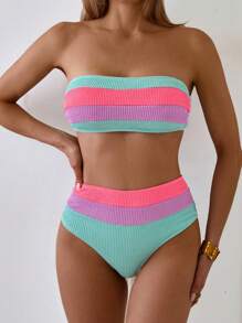 SHEIN Swim 2pcs Bikini Set Minimalistic Sexy Ombre Crop Bandeau Top And High Waist Pieced Triangle Bottom, For Summer Beach Vacation - Multicolor - View 3