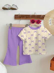 SHEIN Conjunto de pantalones de manga corta y cuello redondo minimalista informal para niña bebé, adecuado para primavera/verano - Blanco - Ver 2