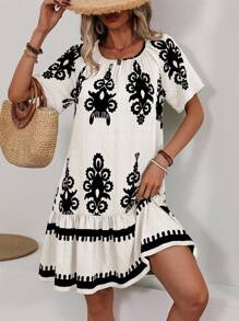 EMERY ROSE Women's Floral Print Casual Dress With Ruffle Hem, Short Sleeve - Multicolor - View 4