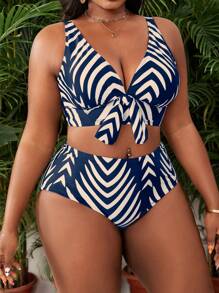 SHEIN Slayr CURVE Plus Size Women Wide Strap V-Neck Bowknot Printed Top Paired With High Waist Pants, Summer Beach Vacation Outfit - Blue - View 5